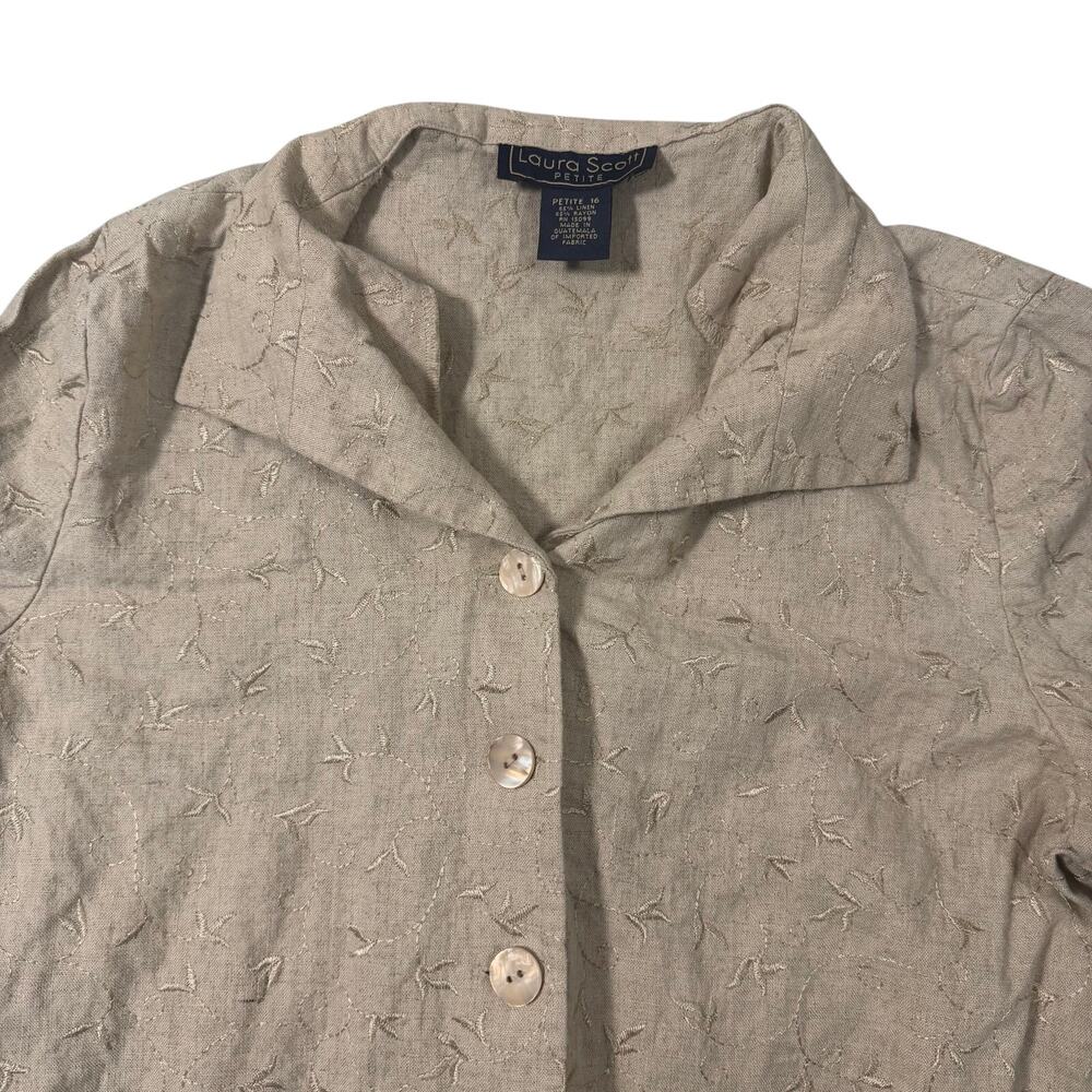 Laura Scott Petite 16 Linen Blend Womens Button Up Blouse Beige Embroidered Top